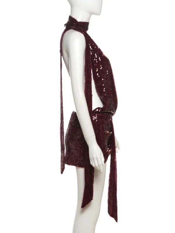 Dress Women Halter Scarf+Sexy Deep  Sleeveless Ruched Ribbon Club Hottie Outfits - Image 7