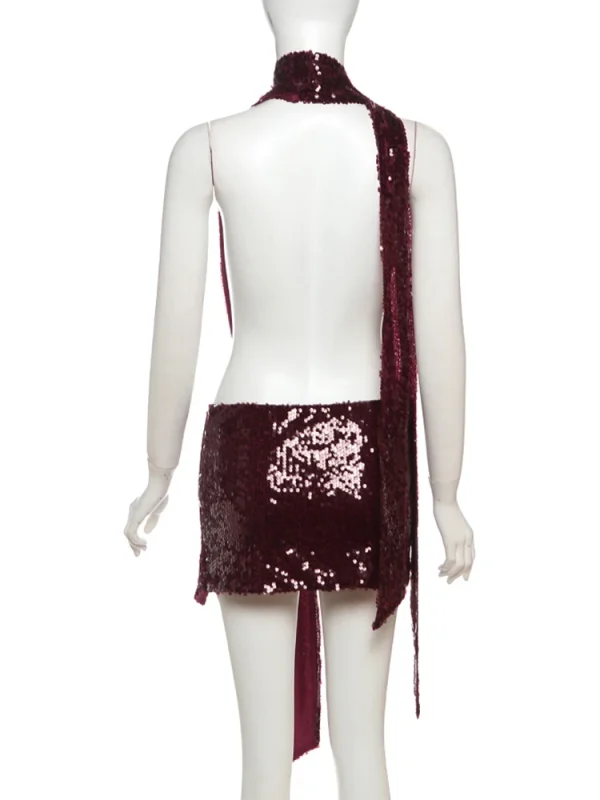 Dress Women Halter Scarf+Sexy Deep  Sleeveless Ruched Ribbon Club Hottie Outfits - Image 8