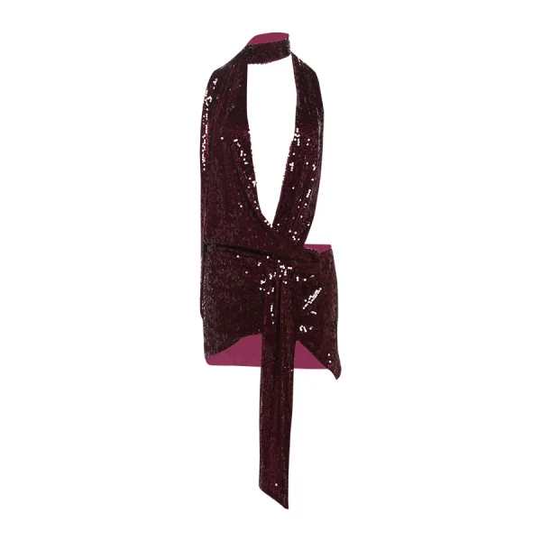 Dress Women Halter Scarf+Sexy Deep  Sleeveless Ruched Ribbon Club Hottie Outfits - Image 6