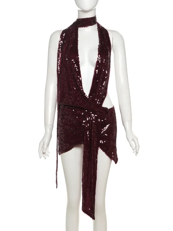 Dress Women Halter Scarf+Sexy Deep  Sleeveless Ruched Ribbon Club Hottie Outfits - Image 4